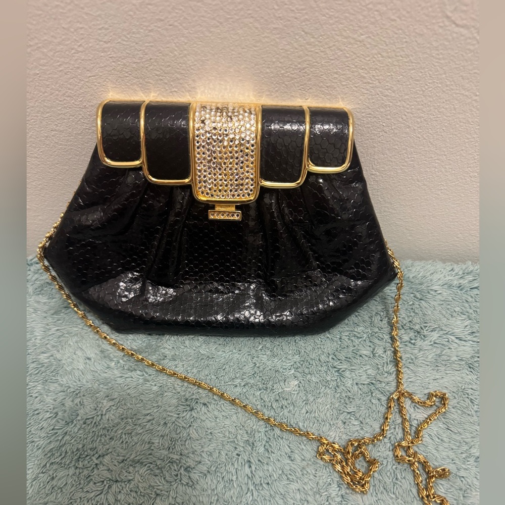 Vintage black snakeskin evening bag Elegant Black and Gold Clutch Bag